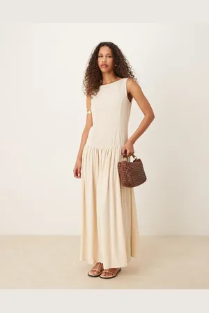 ASOS – Leinenmix-Maxikleid in Beige mit tiefer Taille und tiefem Rückenausschnitt