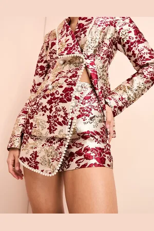 ASOS – Jacquard-Shorts in Burgunderrot und Gold mit Perlenverzierung und Blumen-Print