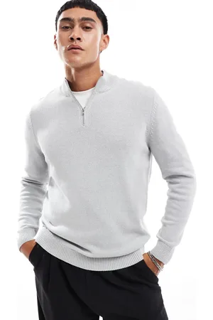 ASOS – Mittelschwerer Strickpullover in Hellgrau mit kurzem Reißverschluss