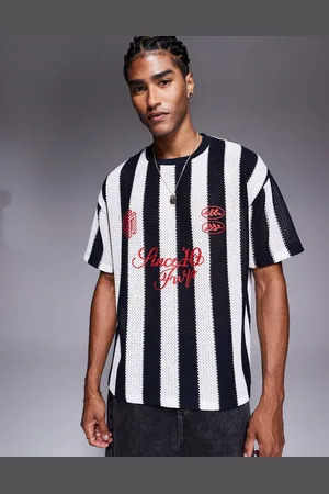 ASOS – Oversize-T-Shirt aus Häkelstoff in Schwarz-Weiß gestreift mit Sportgrafik