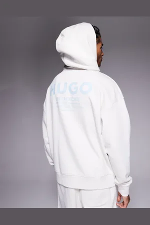 Hugo Blue – Loose-Fit-Kapuzenpullover in Steingrau mit blauem Logo, Kombiteil