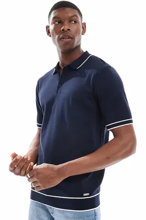 Threadbare – Kurzärmliges Polohemd aus Strickstoff in Marineblau mit weißen Zierstreifen