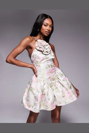 ASOS – Kurzes Skater-Kleid mit Neckholder-Blumenapplikation und Jacquard-Tulpenmuster