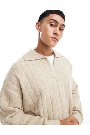 ASOS – Gerippter Oversize-Strickpullover in meliertem Steinbeige mit eingekerbtem Ausschnitt
