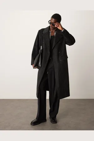 ASOS – Lang geschnittener Oversize-Mantel in schwarzer Wolloptik mit Nadelstreifen