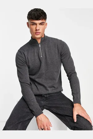 Only & Sons – Strickpullover in Hellgrau meliert mit kurzem Reißverschluss