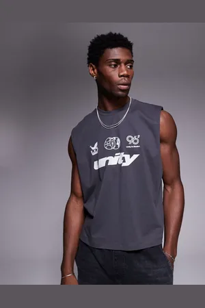 ASOS – Oversize-Tanktop in Anthrazit mit Sport-Print und kastigem Schnitt