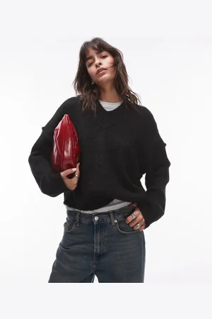 Topshop – Flauschiger Strickpullover in mit hohem V-Ausschnitt
