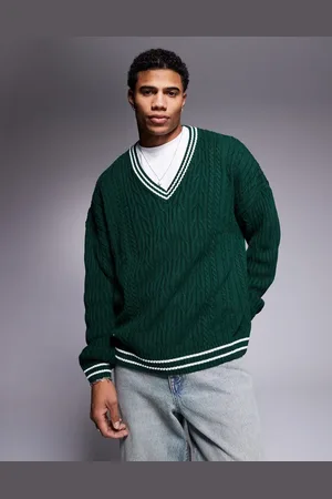 ASOS – Gestrickter Oversize-Cricket-Pullover in mit Zopfmuster und weißen Zierstreifen