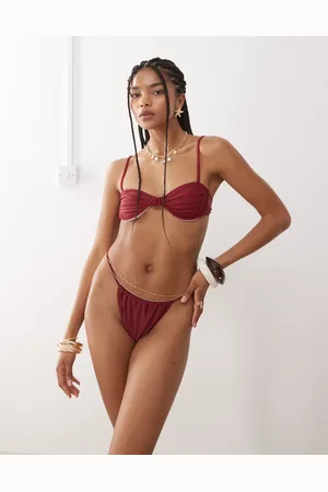 Miss Selfridge – Bikinihose in Burgunderrot mit hohem Beinausschnitt und schmalem Band