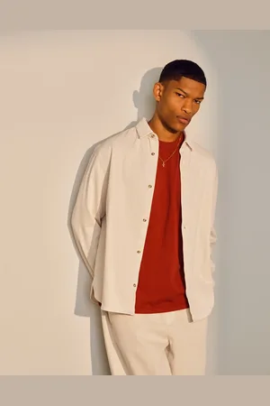 Topman – Langärmlige Hemdjacke in Steinbeige aus verwaschenem Canvas
