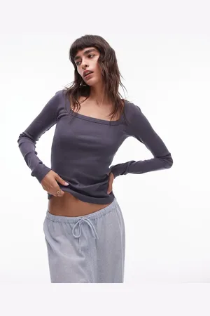 Topshop – Langärmliges Oberteil in Schiefergrau mit eckigem Ausschnitt