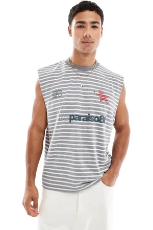 ASOS – Kastiges Oversize-Tanktop in und Weiß meliert mit Brustprint und Streifenmuster