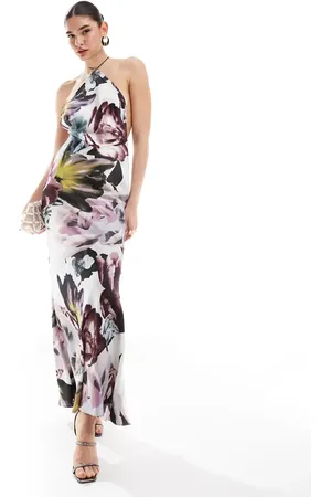 ASOS – Neckholder-Maxikleid aus Satin mit Rückendetail und großflächigem Blumenprint