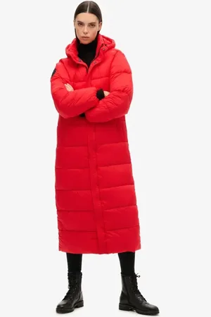 Superdry – Cocoon – Longline-Puffermantel in Hochrisikorot