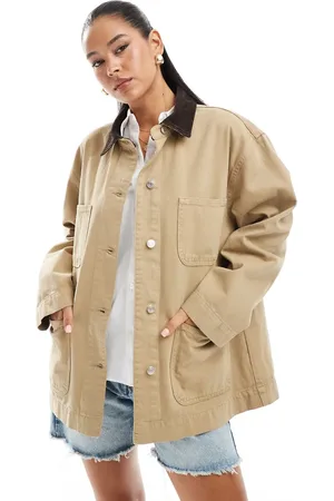 ASOS – Barn-Jacke aus Denim in Steinbeige mit kontrastierendem Kragen