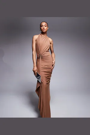 ASOS ASOS DESIGN Tall – Hochgeschlossenes, drapiertes Maxikleid in Schokobraun aus Jersey mit Rüschen