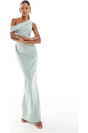 Vesper – Schulterfreies Maxikleid aus Bengaline in Salbeigrün mit Drapierung