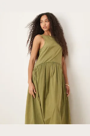 ASOS – Midi-Hängerkleid in Olivgrün mit tiefer Taille und U-Boot-Ausschnitt