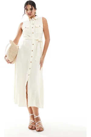 MANGO – Leinen-Midikleid in Hellbeige mit Bindeband vorn