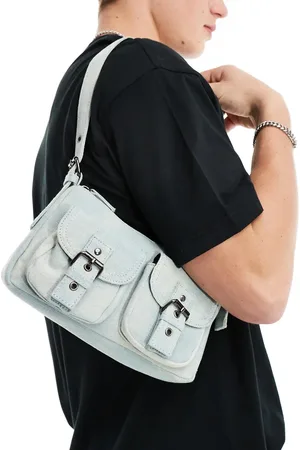 ASOS – Schultertasche aus verwaschenem Denim mit Taschen und Schnallen
