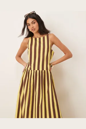 ASOS – Maxikleid aus Popeline in Gelb gestreift mit tiefer Taille und Racer-Design