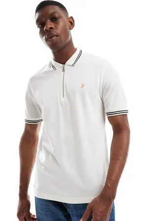 Farah – Netton – Poloshirt in Wollweiß mit kurzen Ärmeln und Reißverschluss am Ausschnitt