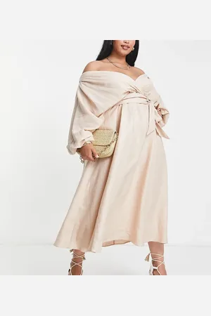 ASOS ASOS DESIGN Curve – Wickel-Midikleid aus Leinen in Steingrau mit elastischem Rücken-Detail