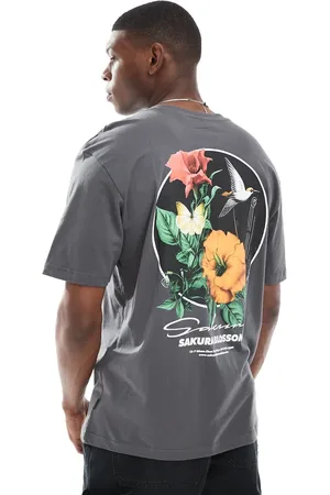 Only & Sons – Relaxed Fit T-Shirt in Anthrazit mit Kirschblüten-Print