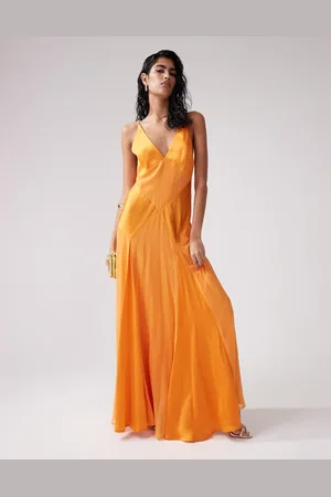 ASOS – Camisole-Maxikleid aus Satin in Orange mit transparenten Einsätzen