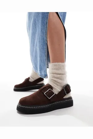 London Rebel – Robin – Mules in Schokobraun mit Schnalle und Fersenriemchen