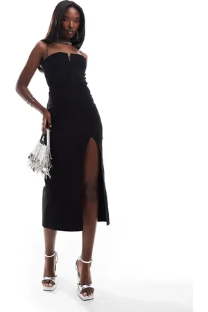 Vesper – Midikleid aus Bengaline in mit Einkerbung, schmalen Trägern und Schlitz bis zum Oberschenkel