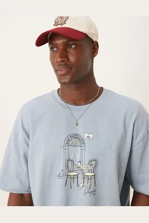 ASOS – Kastiges Oversize-T-Shirt aus Leinenmix in Hellblau mit Café-Print