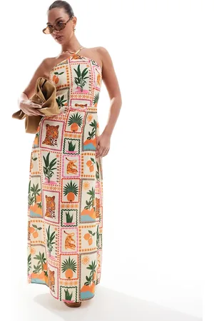VERO MODA – Neckholder-Maxikleid mit tropischem Postkartendruck