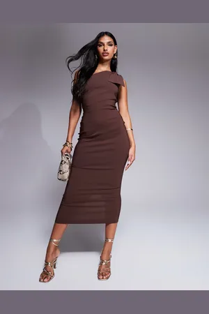 Vesper – Midikleid aus Bengaline in Schokobraun mit One-Shoulder-Träger und Schleifendetail