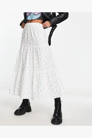Daisy Street – Gestufter Midirock aus Leinen in mit Blumenmuster