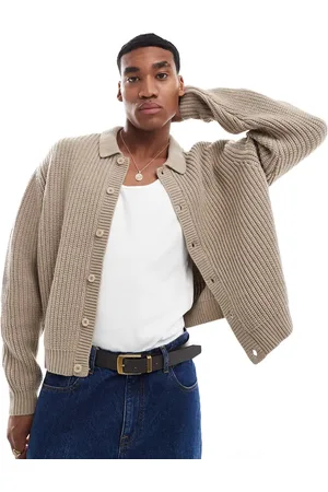 ASOS – Schwere Oversize-Strickjacke aus Wollmix in Taupe mit Knopfleiste