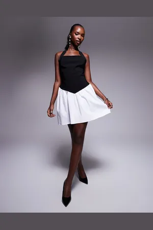 Vesper – Minikleid aus Bengaline in Schwarzweiß mit Neckholder und kontrastierendem Design
