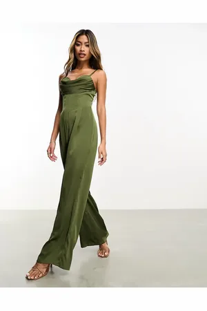 Jaded Rose – Satin-Jumpsuit in Olivgrün mit Korsettdetail