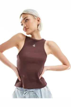 4th & Reckless – Geripptes Trägertop aus Baumwolle in Schokobraun mit Ringerrücken und aufgesticktem Logo