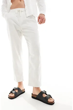 Pull&Bear – Hose aus Leinenimitat in Ecru mit weitem Bein