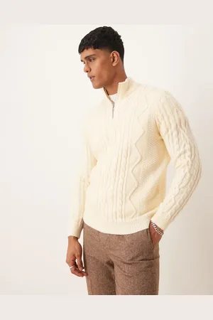 ASOS – Schwerer Strickpullover in Cremeweiß mit kurzem Reißverschluss und Zopfmuster