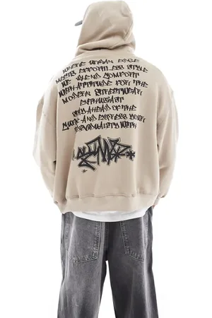 Pull&Bear – Kapuzenpullover in Beige mit „STWD“-Gothic-Print auf dem Rücken