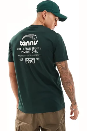 ASOS – T-Shirt in Dunkelgrün mit Tennis-Print hinten