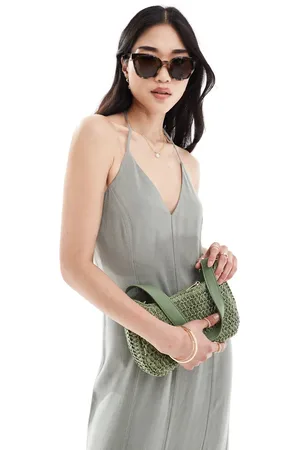 Stradivarius – Camisole-Maxikleid in verwaschenem Khaki mit Leinenoptik