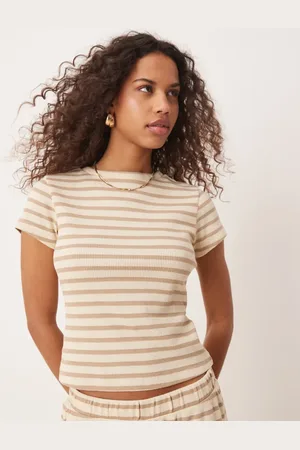 ASOS – Knappes T-Shirt in Neutral gestreift mit Waffelstruktur, Kombiteil