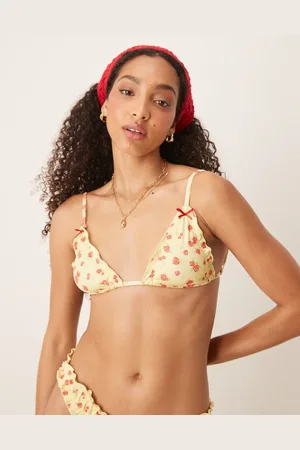 ASOS – Cherry Rose – Triangel-Bikinioberteil in Buttermilchgelb mit Kirschblütenmuster und Kräuseldesign