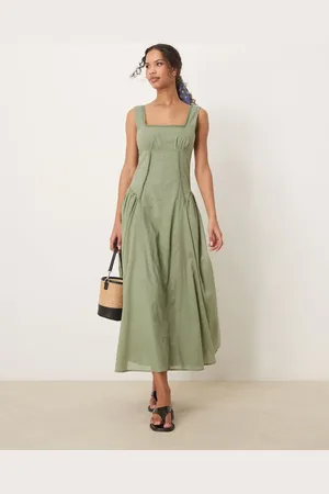 ASOS – Midaxi-Prärie-Kleid in Khaki mit eckigem Ausschnitt und tiefer Taille