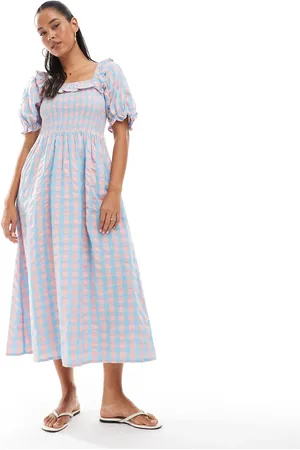 New Look – Milchmädchenkleid mit Puffärmeln und Vichy-Karomuster in und Rosa