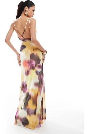 ASOS – Maxikleid mit gelbem Blumenmuster, Wasserfallausschnitt und überkreuztem Rücken-Detail